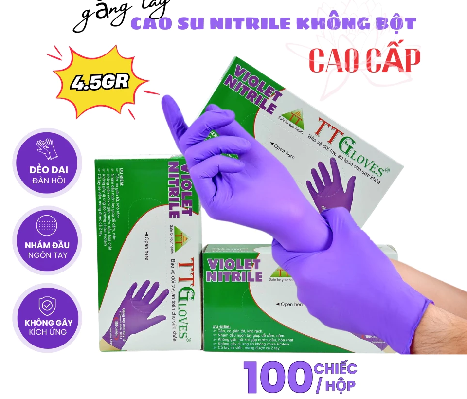 Găng Tay Cao Su Y Tế TTGLOVES Không Bột Nitrile Màu Tím Siêu Bền Đẹp 4.5gr (Hộp 100 Chiếc) 
