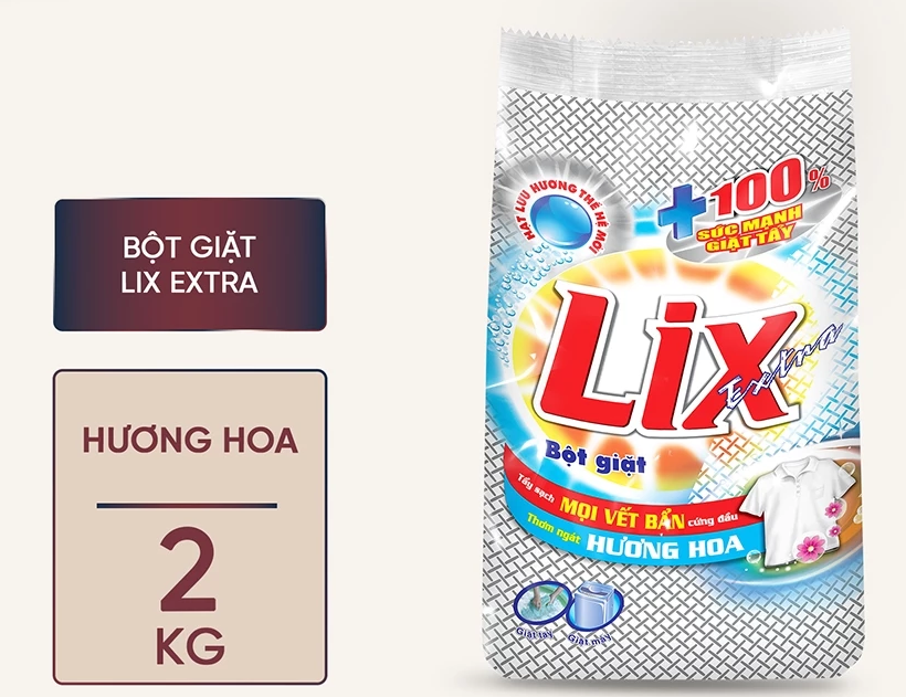  Bột giặt Lix Extra hương hoa làm trắng quần áo tăng gấp đôi sức mạnh lưu hương lâu cho giặt tay và máy 2-5.5-9 kg 