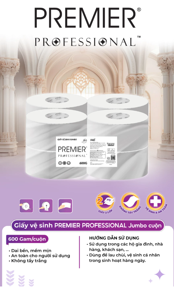  Giấy vệ sinh Premier Professional cuộn JUMBO dành riêng Văn Phòng, 2 lớp - 100% bột giấy 