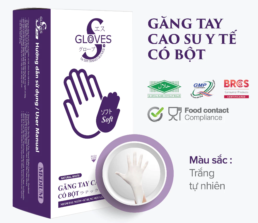  Găng tay cao su Latex CÓ BỘT Sgloves 4.8g 100 chiếc/hộp 