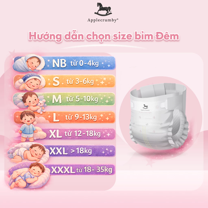  Bỉm tã dán đêm Applecrumby Airplus Overnight Tape size S - XL thoải mái cho bé 