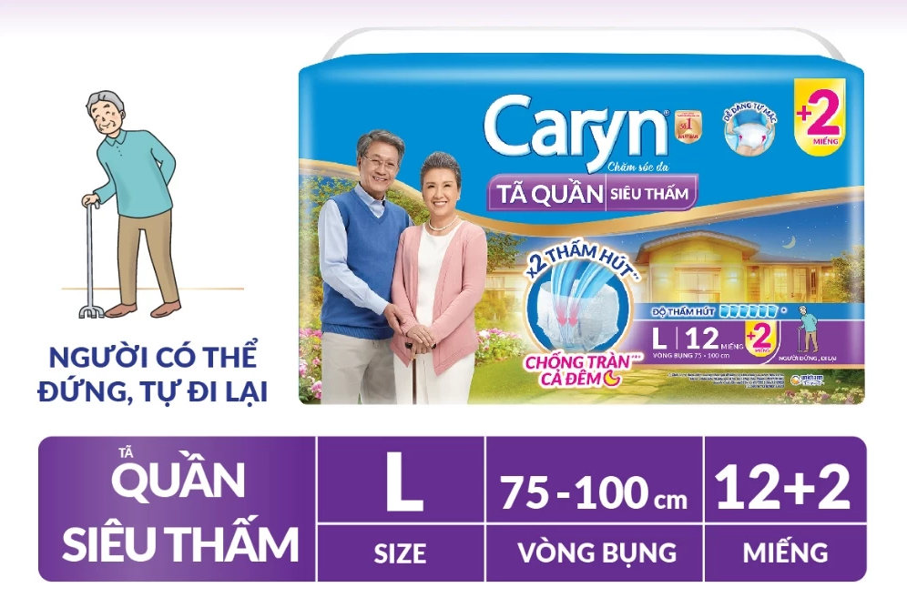  Tã/Bỉm Quần Người Lớn Caryn siêu thấm dành Cho Người Già Size L 12 miếng 