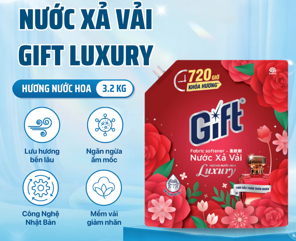  Nước Xả Vải Gift Kháng Khuẩn, Lưu Hương Thơm Bền Lâu 3.2kg 
