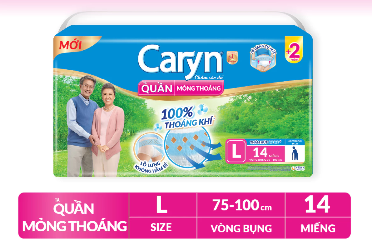  Tã Quần Người Lớn Caryn Mỏng Nhẹ/Mỏng Thoáng Chống Tràn Cho Người Già Tự Đi Lại Size L14/L28 