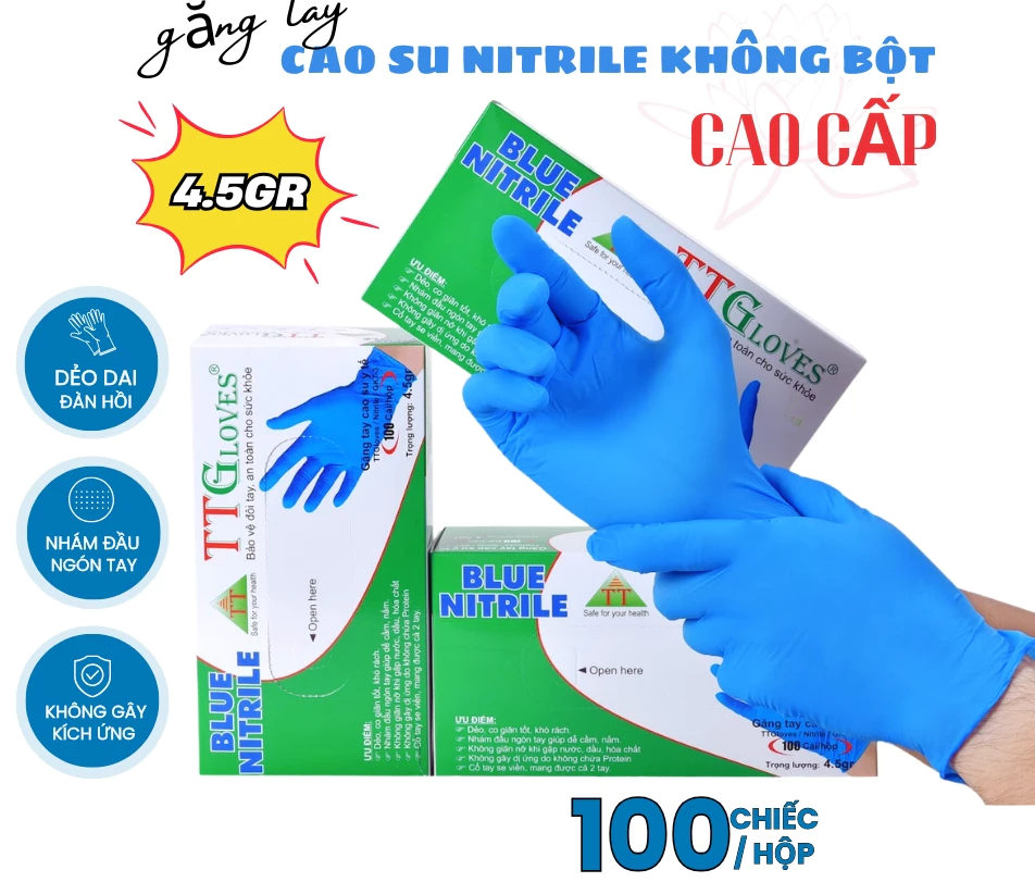  Găng Tay Cao Su Y Tế TTGLOVES Không Bột Nitrile Màu Xanh Đậm Siêu Bền 4.5gr (Hộp 100 Chiếc) 