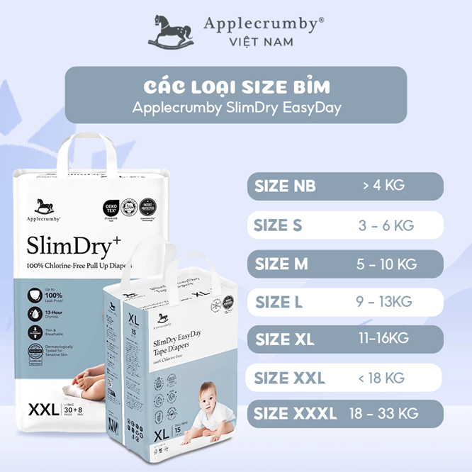  Bỉm tã quần ngày Applecrumby Slimdry Easyday Pull Ups size M - XXL thoải mái cho bé 