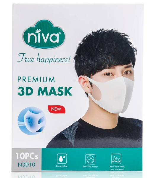 Khẩu Trang 3D Người Lớn Niva Hộp 10 Cái Cấu Trúc 3 Lớp Ngăn Bụi Mịn Kháng Khuẩn 
