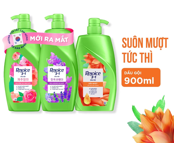  Dầu Gội REJOICE Siêu Mượt / Hoa Hồng Jeju/ Lavender Hàn Quốc/ Giảm Ngứa Da Đầu/ Nước Hoa Mẫu Đơn - Chai 900 ML 