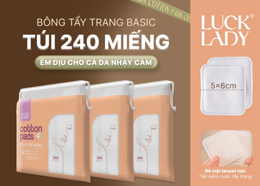 Túi bông tẩy trang Luck Lady dạng túi rút 240 miếng mềm mịn, làm sạch da, an toàn cho da, skincare làm đẹp da 