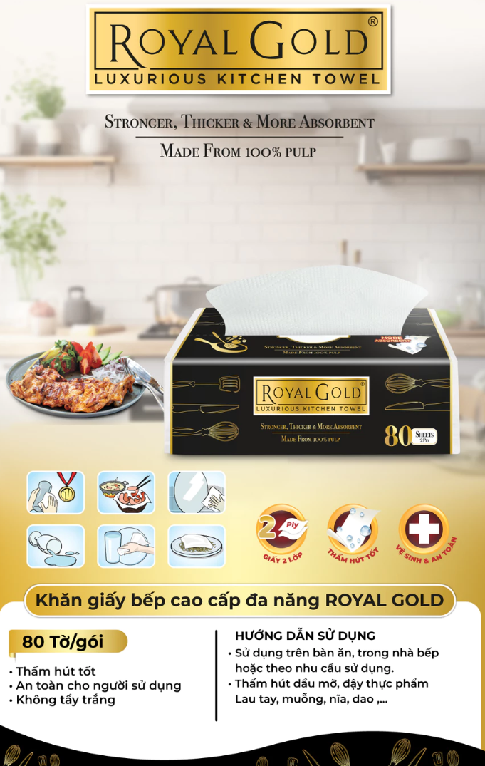  Khăn giấy bếp cao cấp đa năng Royal Gold 2 lớp - 100% bột giấy nguyên sinh, không chất tẩy, 80 tờ/gói 