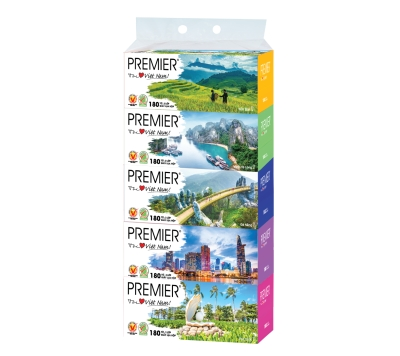  Khăn giấy lụa đa năng PREMIER Tôi Yêu Việt Nam, 2 lớp – 100% bột giấy nguyên sinh, không chất tẩy, 180 tờ/hộp 
