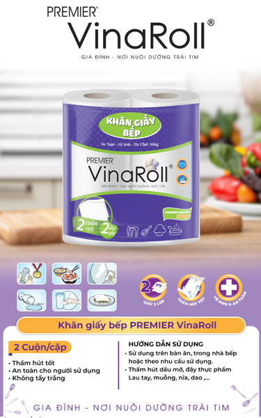  Khăn giấy bếp PREMIER VinaRoll, 2 lớp – 100% bột giấy nguyên sinh, không chất tẩy, 2 cuộn/lốc 