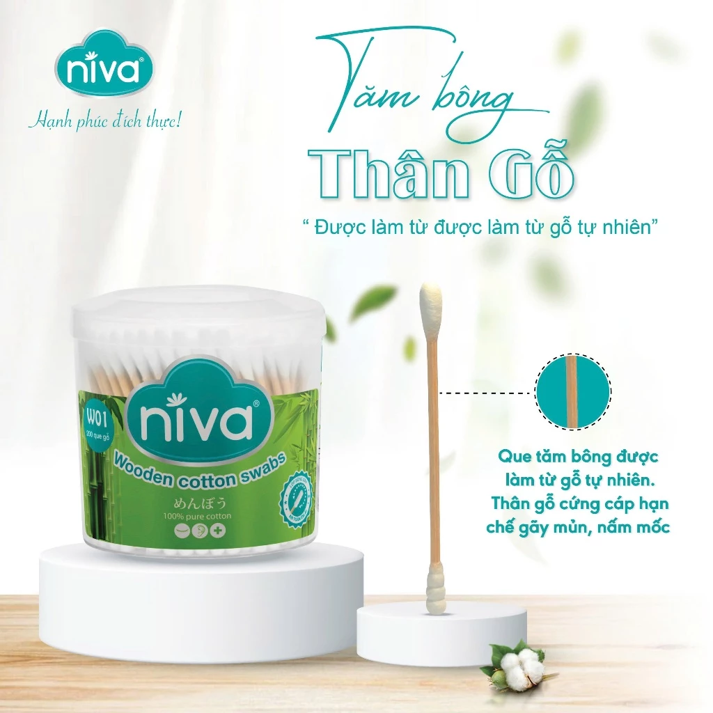  Hũ Xoay Tăm Bông Niva Cho Người Lớn 200 Que Thân Gỗ WO1 Bông Tự Nhiên Thuần Khiết An Toàn 