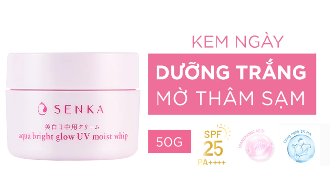  Kem ngày dưỡng da trắng hồng mờ thâm sạm Senka Aqua Bright Glow UV Moist Whip SPF 25 PA ++ 50g 