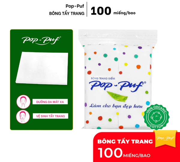  Bông Tẩy Trang Không Ép Biên POP-PUF 100 Miếng Bao Zipper Bông Cotton Mềm Mịn 