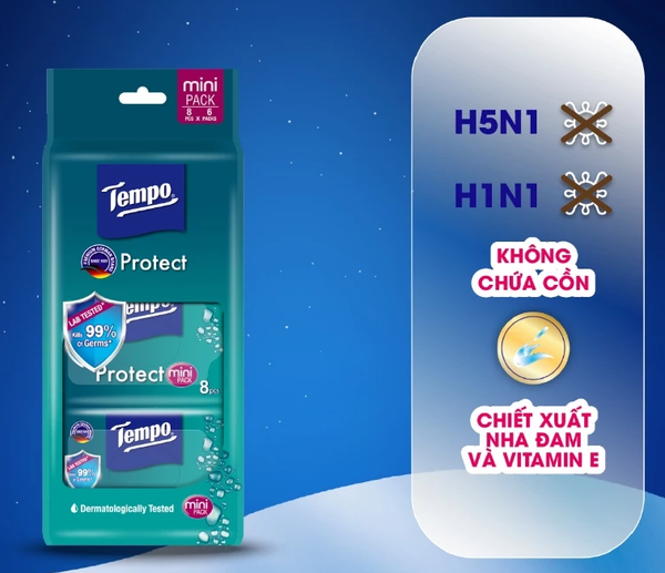  [LỐC 6 GÓI] Khăn ướt Mini Tempo Protect Ngăn Ngừa Vi Khuẩn cao cấp - Diệt khuẩn 99% - Thương hiệu Đức 