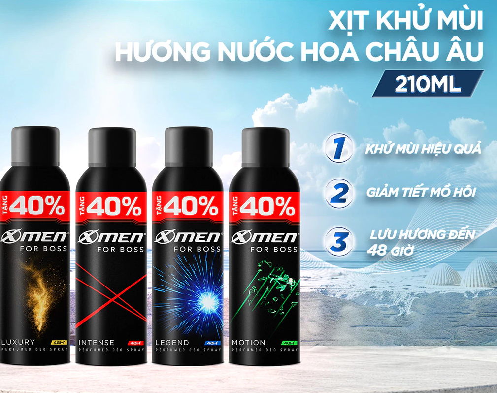  [Tặng thêm 40% dung tích] Xịt khử mùi XMen For Boss Intense/ Luxury/Legend/Motion 210ml - Hương Nước Hoa Châu Âu 
