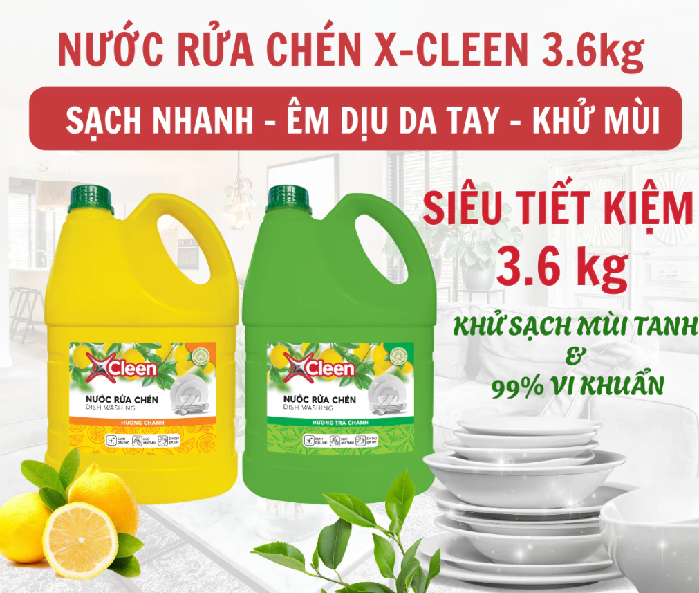  Nước rửa chén XCleen 400g/750g/3.6kg/9kg hương chanh, êm dịu da tay, khử mùi, sạch 