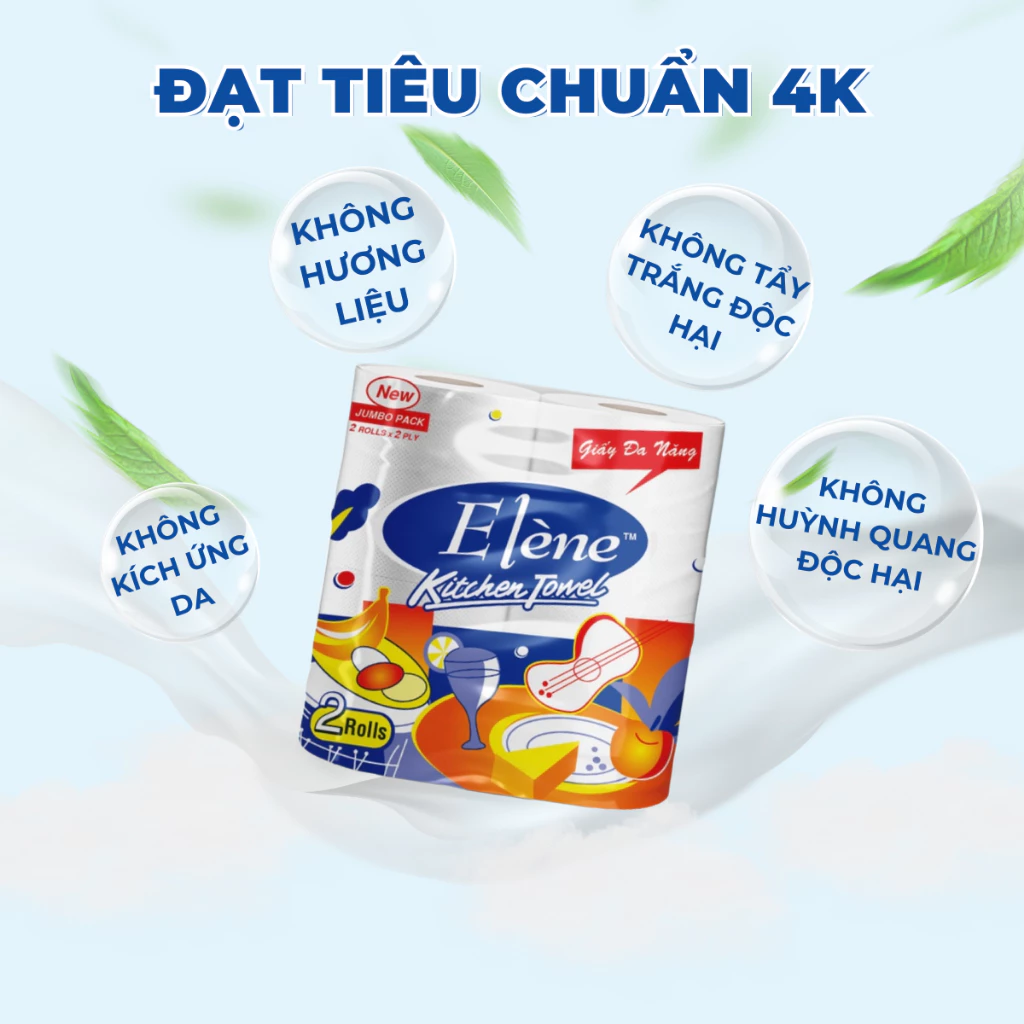 Giấy Lau Bếp Thấm Dầu Đa Năng Elene Tiện Lợi, Đa Năng, Tiết Kiệm - Túi 2 cuộn, 2 lớp, dài 30M 