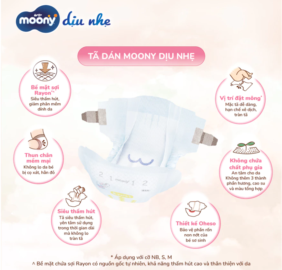 Tã dán Moony Dịu Nhẹ siêu cao cấp NB/S/M/L 