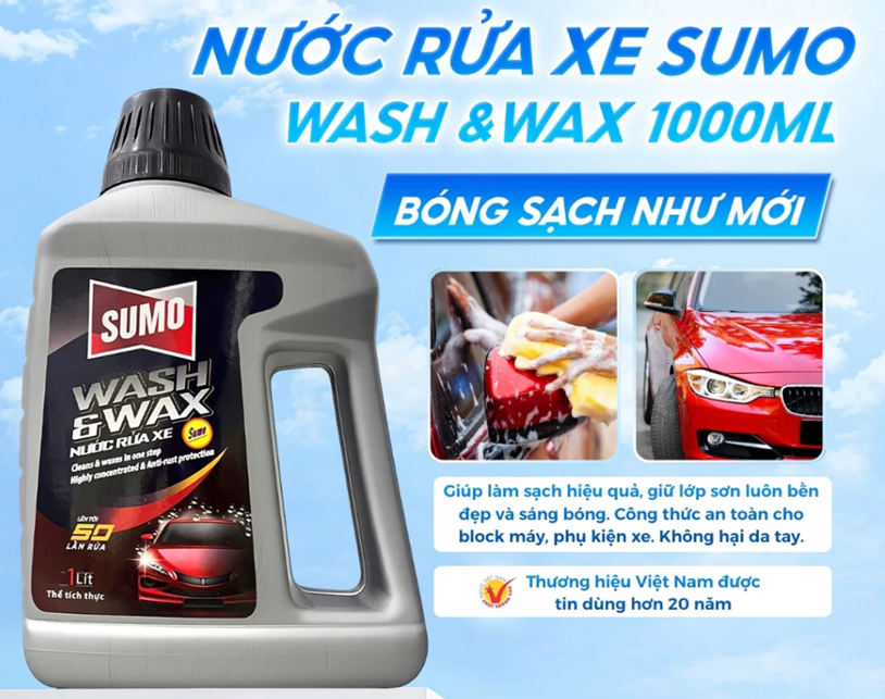  Nước Rửa Xe Sumo Wash & Wax 1 Lít XÁM Mới Nước Rửa Xe Bảo Vệ Nước Sơn Xe Rưa Xe Ô Tô 
