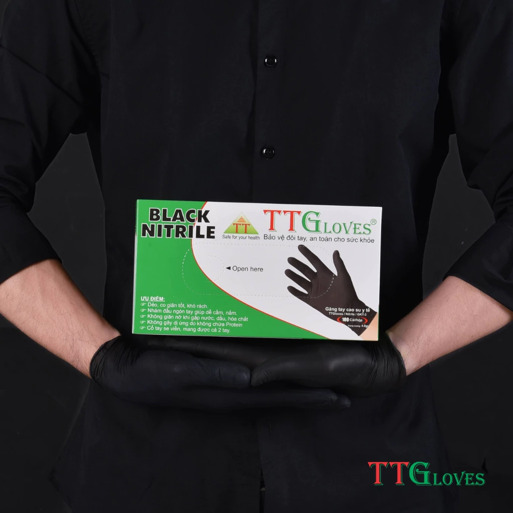  Găng Tay Y Tế Nitrile Không Bột Màu Đen TTGLOVES Cho Phun Xăm, Spa, Nail, 4.0gr (100 Chiếc/Hộp) 