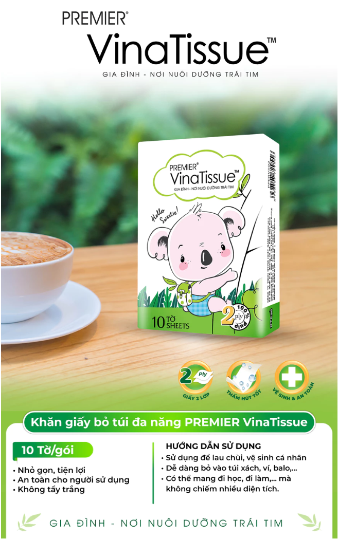  Khăn giấy bỏ túi đa năng PREMIER VinaTissue, 2 lớp - 100% bột giấy nguyên sinh, không chất tẩy 12 gói/lốc 