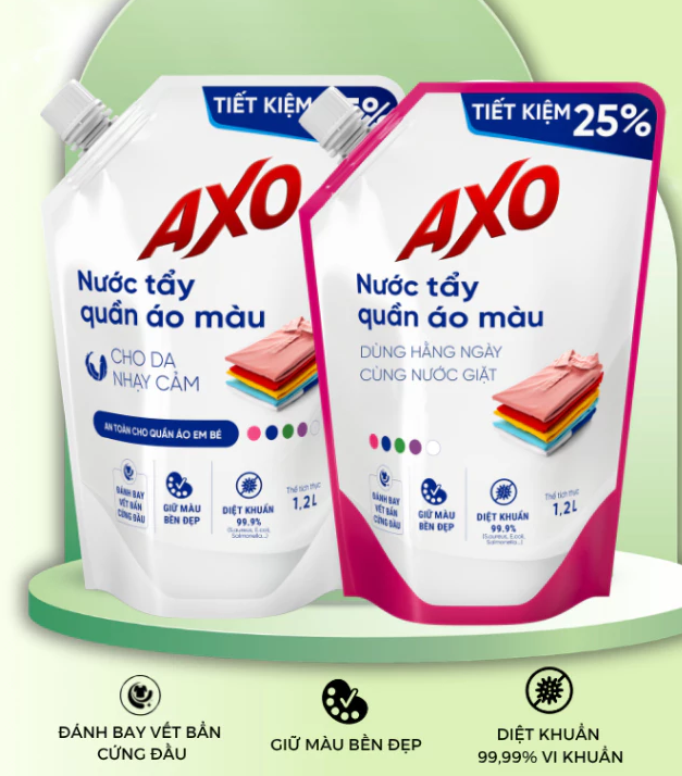  Túi Nước tẩy quần áo màu AXO 1200ml - Đánh Bay Vết Bẩn Lưu Giữ Màu Quần Áo 