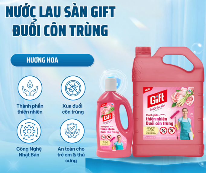  Nước Lau Sàn Gift Thành Phần Thiên Nhiên Đuổi Côn Trùng, Khử Mùi Mạnh – Hương Hoa/Hương Chanh Sả Chai 1L/Can 3.6kg 