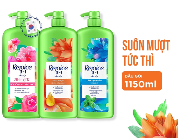  Dầu Gội REJOICE 3 Trong 1 Với Chiết Xuất Từ Tinh Dầu Argan Siêu Mượt/ Bạc Hà Sạch Gàu/ Hoa Hồng Jeju Chai 1150 ml 