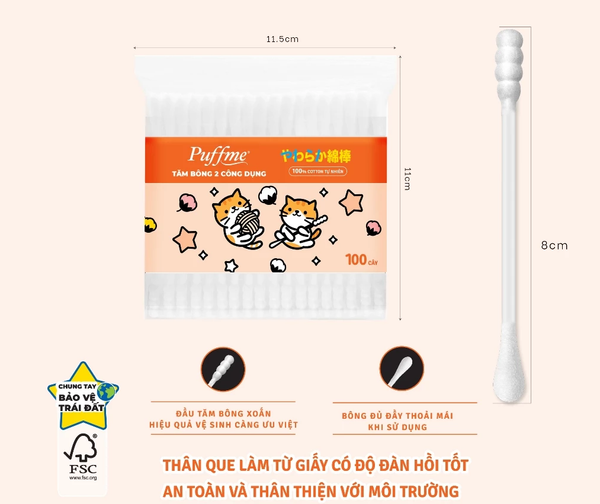  Bao Tăm Bông 2 Công Dụng PUFFME, 100 Que/Bao 