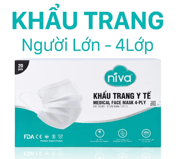 Khẩu Trang Y Tế 4 Lớp NIVA Hộp 20 Cái Công Nghệ Meltblown Kháng Khuẩn, Ngăn Bụi 