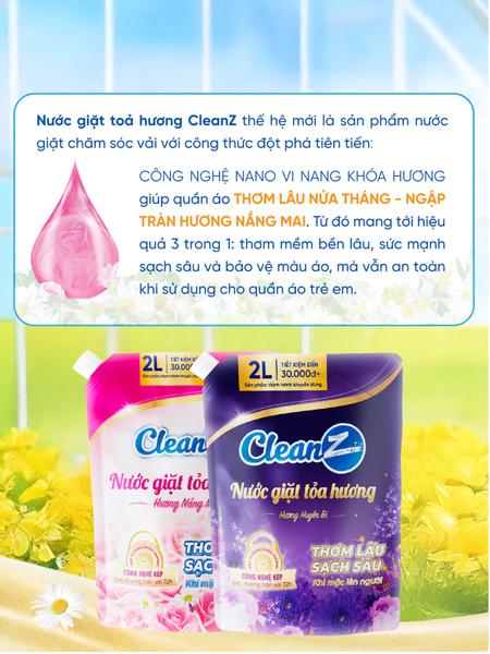  Nước Giặt Xả Tỏa Hương CleanZ Công Nghệ Sạch Sâu, Đánh Bay Vết Bẩn, Hương Thơm Mềm Mại, Bảo Vệ Màu Quần Áo 2L 