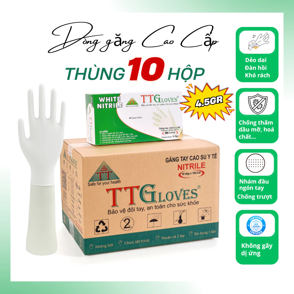  Găng Tay Cao Su Y Tế TTGLOVES Không Bột Nitrile Màu Trắng Siêu Bền 4.5gr (Hộp 100 Chiếc) 