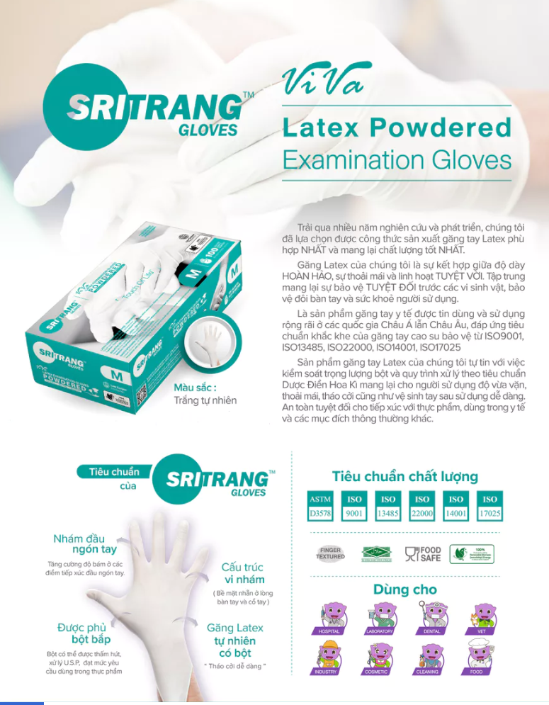  Găng tay cao su y tế Latex Có Bột Sri Trang VIVA 4.8g 100 chiếc/hộp 