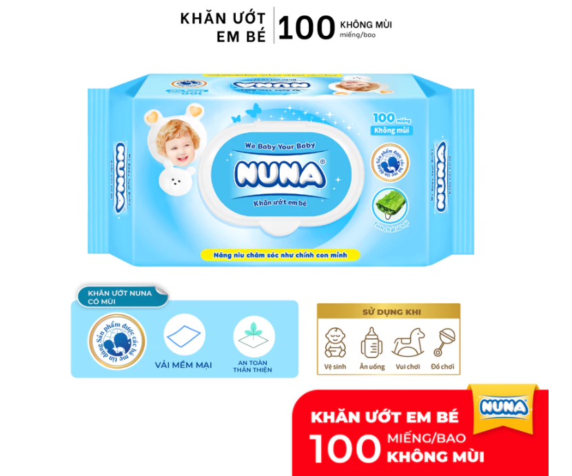  Khăn ướt cho bé Nuna 100 tờ không mùi - Vải rayon mềm dai - tinh chất lô hội - an toàn vệ sinh cho bé 