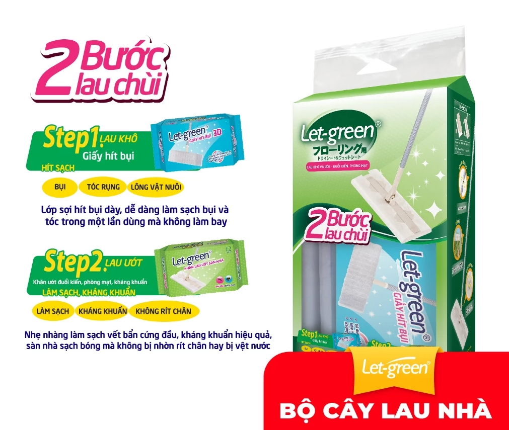  Bộ Cây Lau Nhà Đa Năng LET-GREEN (Cây Lau, Khăn Ướt Lau Sàn, Vải Hít Bụi) Đuổi Kiến, Phòng Mạt 