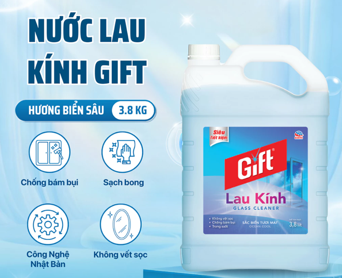  Nước Lau Kính Gift Làm Sạch Không Vệt Sọc, Khử Mùi – Hương Sắc Biển 3.8kg 
