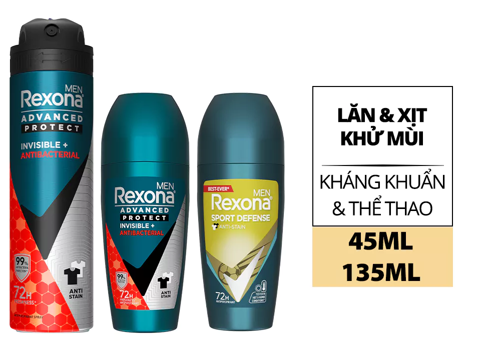  Xịt/lăn khử mùi Rexona 72H kháng khuẩn thể thao dành cho nam 135/45ml 