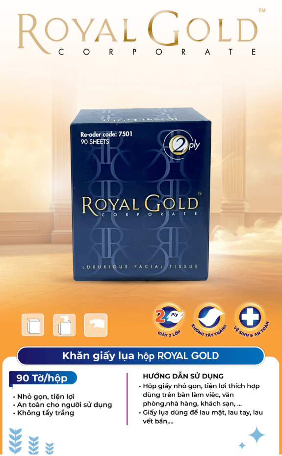  Khăn giấy lụa Royal Gold, 2 lớp - 100% bột giấy nguyên sinh, không chất tẩy, 90 tờ/hộp 