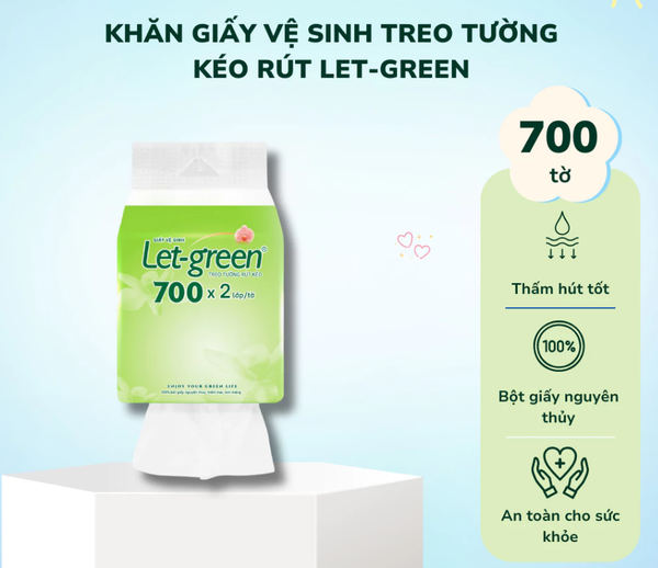  Khăn Giấy Vệ Sinh Treo Tường Rút Kéo LET-GREEN, 700 Tờ/ Bao, 2 Lớp/ Tờ 