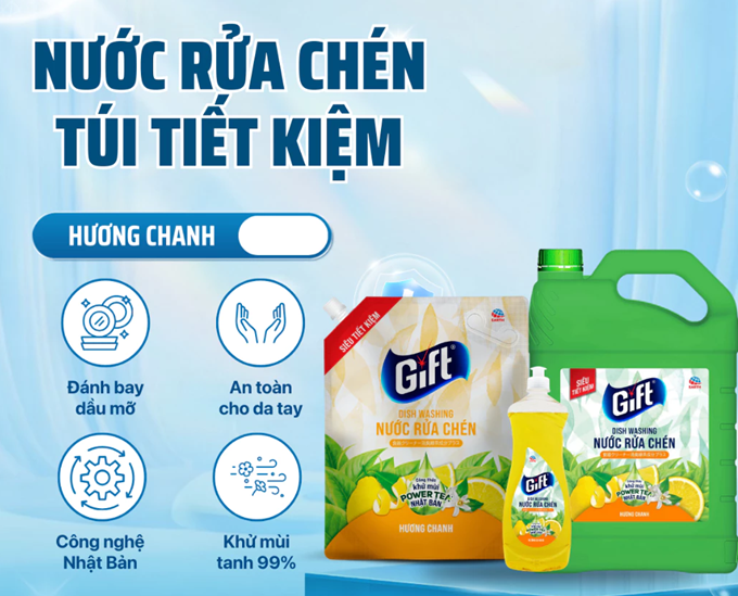  Nước Rửa Chén Gift Khử Mùi Tanh Khó Chịu – Hương Chanh/Trà Chanh, Chai 800ml/Túi 3.6kg/Can 3.8kg 