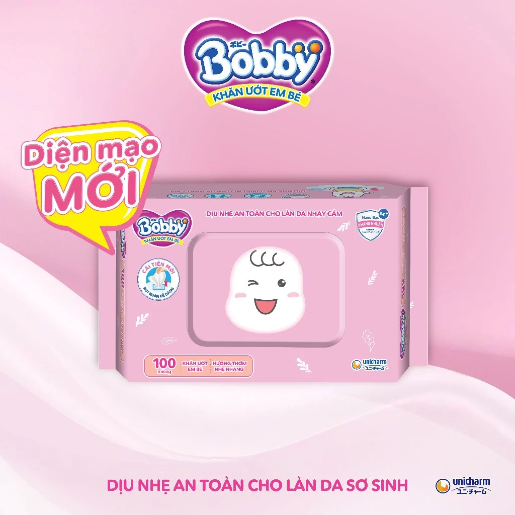  Khăn ướt Bobby Care hương thơm nhẹ nhàng 100 miếng/gói (Hồng) 