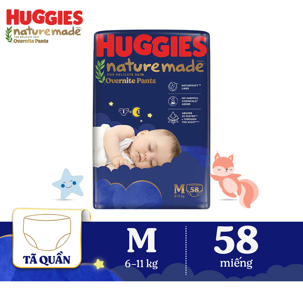  Tã quần Huggies Naturemade ban đêm M58/L44/XL38/XXL26 