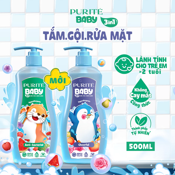  Sữa Tắm Gội Rửa Mặt 3in1 Purité Baby Kháng Khuẩn/ Vui Nhộn 500ML 