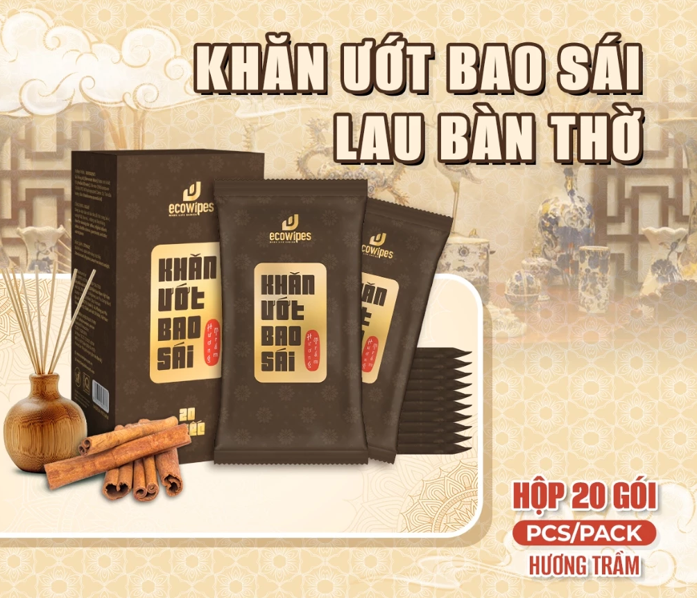  Khăn giấy ướt bao sái lau bàn thờ EcoWipes hộp 20 gói hương trầm 