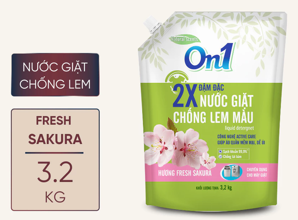  Nước giặt xả On1 chống lem màu hương Fresh Sakura 3.2Kg túi/ 3.3Kg can sạch khuẩn, khử mùi, kết hợp giặt xả 2 trong 1 