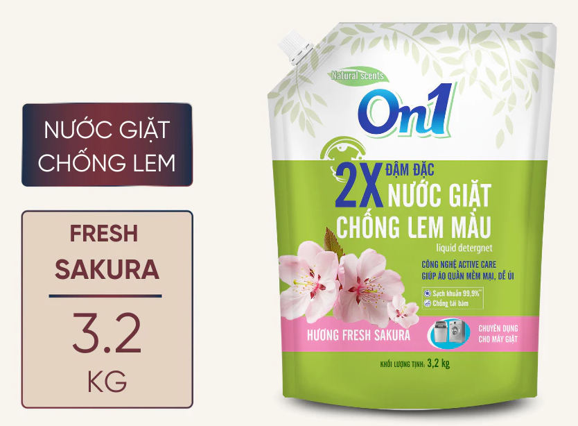  Nước giặt xả On1 chống lem màu hương Fresh Sakura 3.2Kg túi/ 3.3Kg can sạch khuẩn, khử mùi, kết hợp giặt xả 2 trong 1 