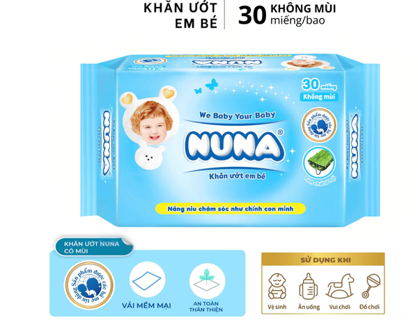  Khăn uớt cho bé Nuna 30 tờ không mùi - Vải rayon mềm dai - tinh chất lô hội - an toàn vệ sinh cho bé 