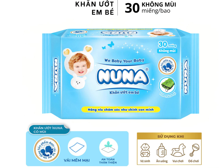  Khăn uớt cho bé Nuna 30 tờ không mùi - Vải rayon mềm dai - tinh chất lô hội - an toàn vệ sinh cho bé 